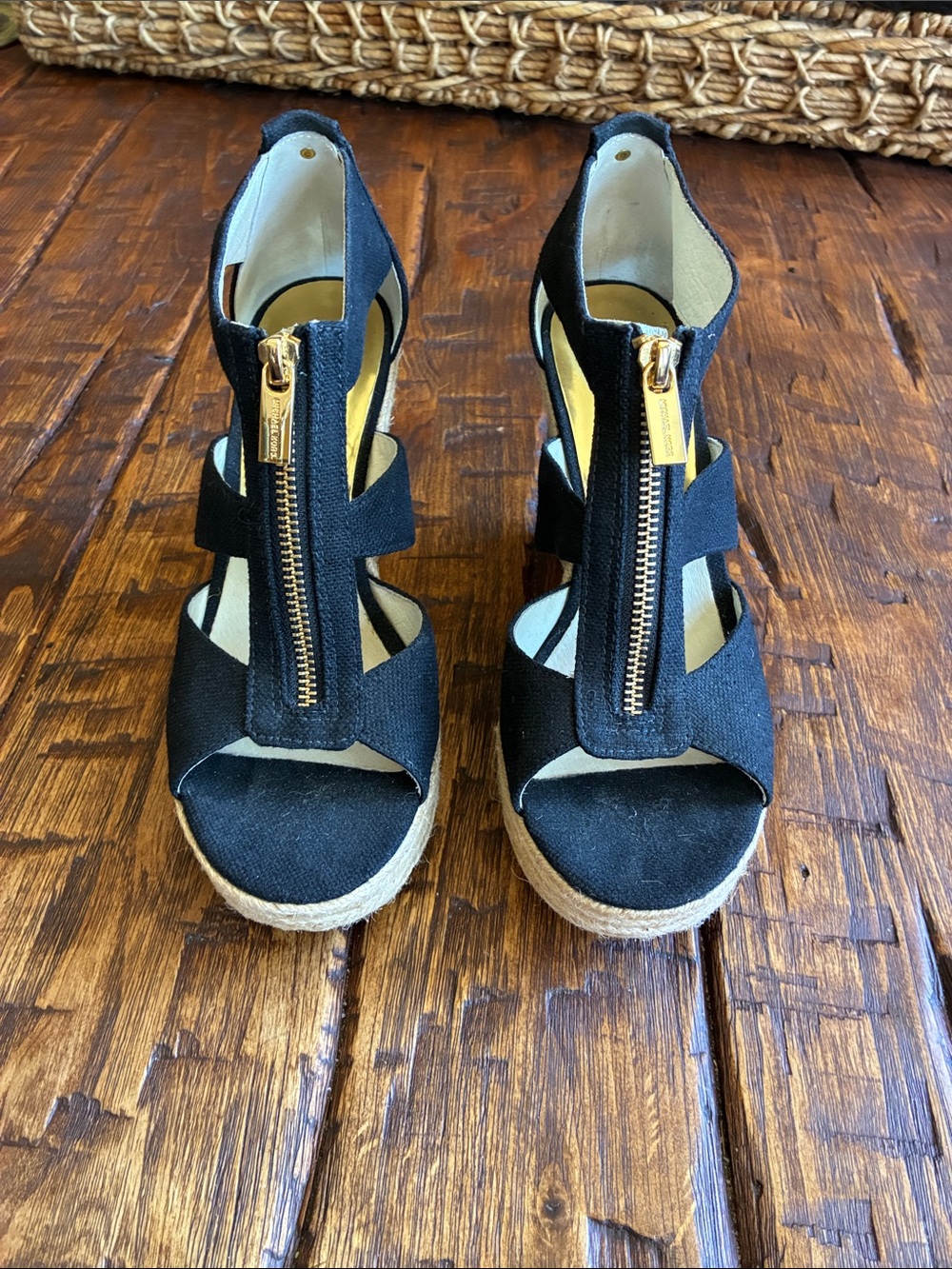 Michael Kors Black Wedge Sandals with Gold Front Zipper